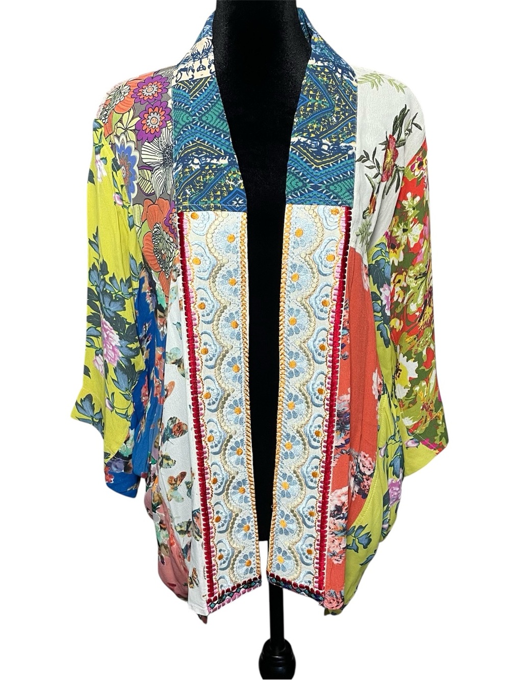 Boho Floral Patchwork Open Kimono Cardigan - Multicolor